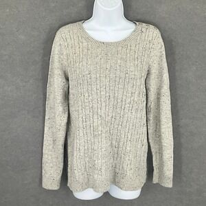 Talbots Sweater Women's Medium Gray Cable Knit Crewneck‎ Pullover Button Accent
